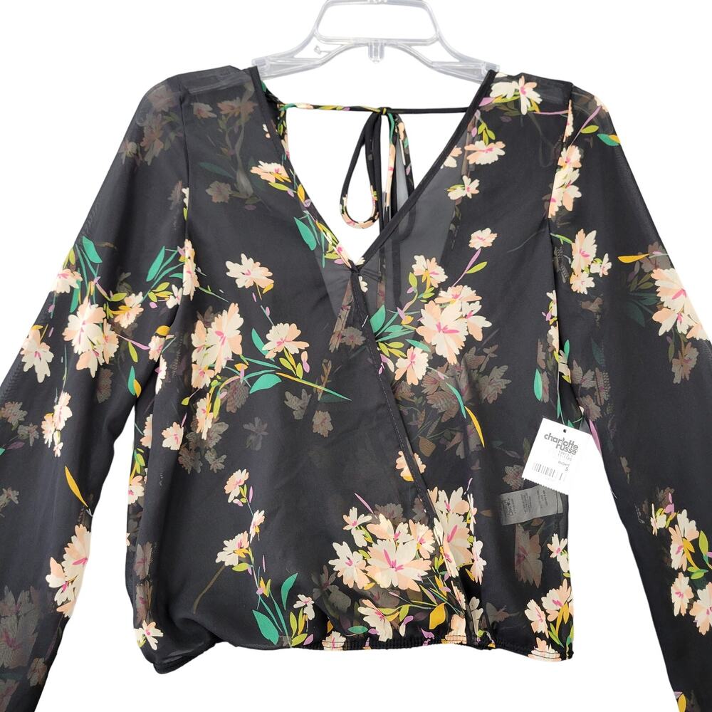 Charlotte Russe Black Floral Shirt NEW Long Sleeves Sheer Crop Blouse Women's S